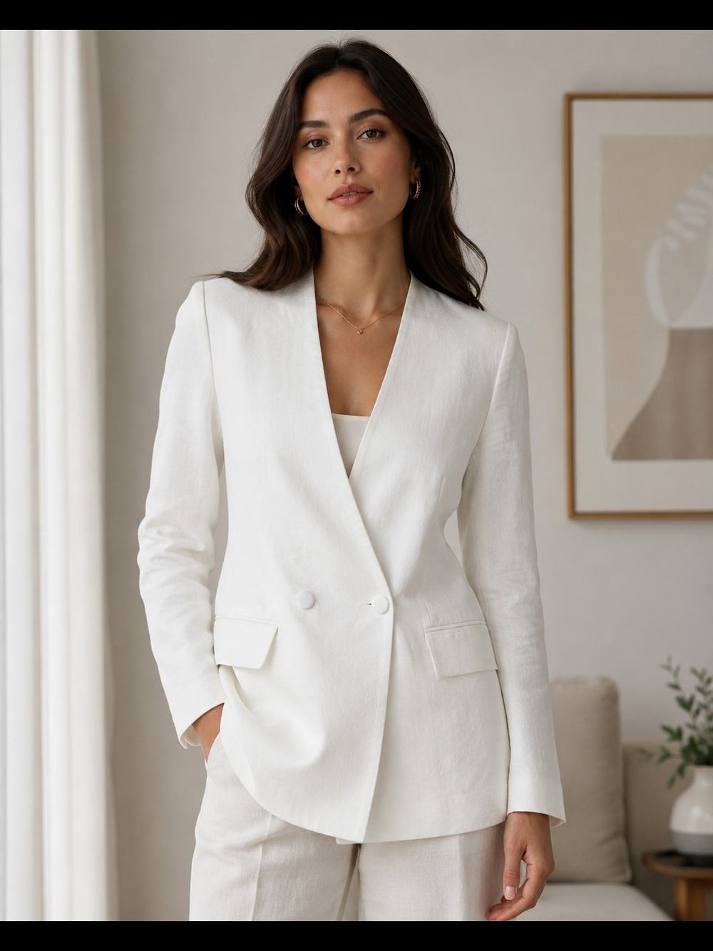 Calvin Klein Ivory Double-Breasted Linen Blend Blazer Size 12